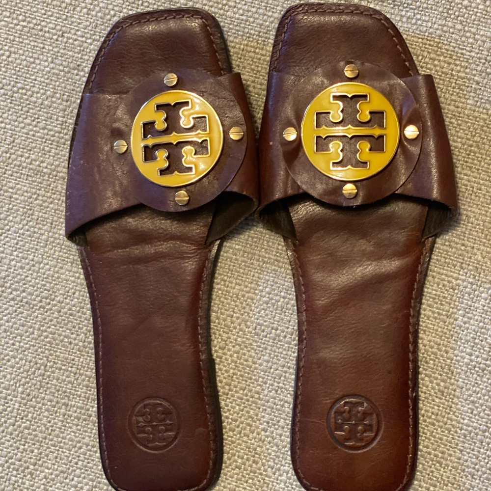 Tory Burch Brown Leather Slides + Yellow TT logo